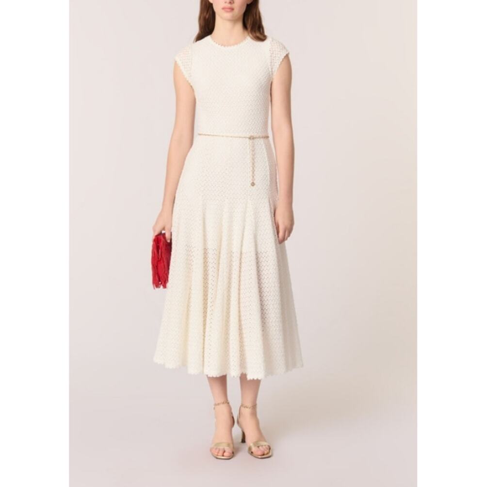 Maje Knit Cream Lace Midi Dress with Belt NWT